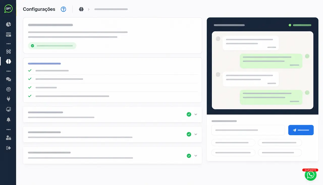 Configurações de atendimento e mensagens com IA no Whatsplaid